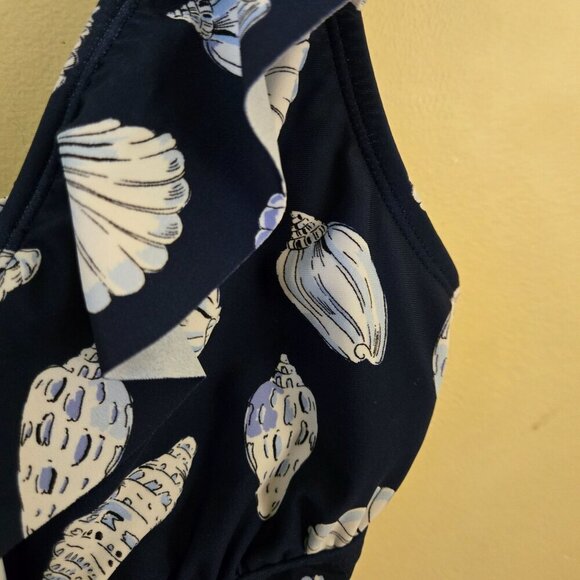 Ellen Tracy NWOT Navy Seashell Ruched Ruffled Tie Back One Piece Swimsuit Size 6 - Picture 3 of 5